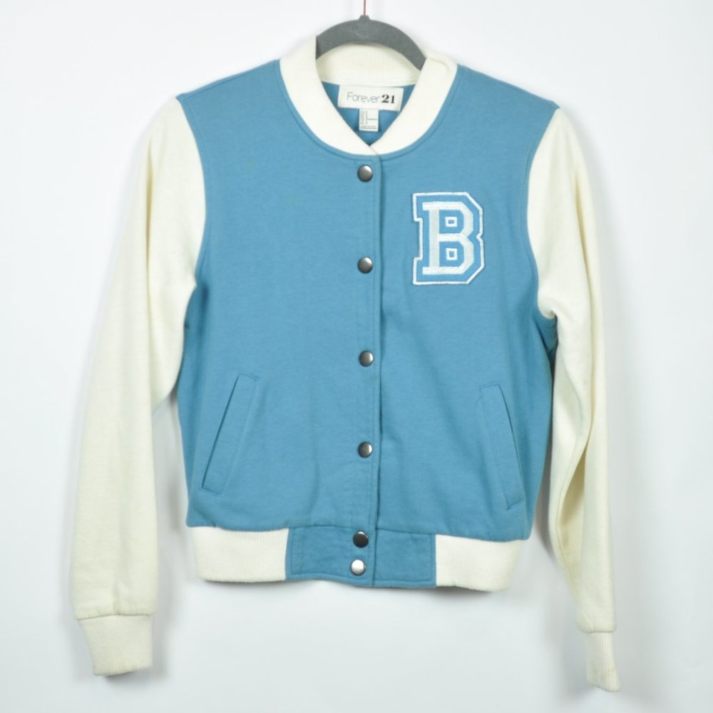 Blue and white varsity jacket
